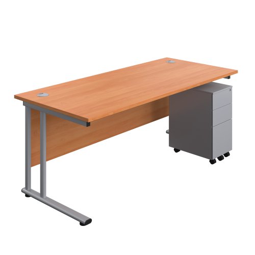 Twin Upright Rectangular Desk + Slimline Steel Pedestal 3 Drawers 1800X800 Beech/Silver