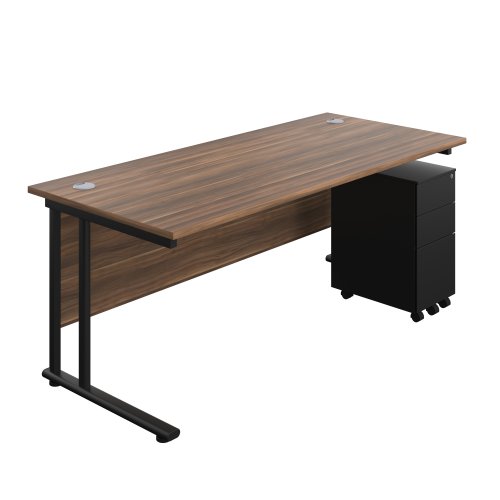 Twin Upright Rectangular Desk + Slimline Steel Pedestal 3 Drawers 1800X800 Dark Walnut/Black