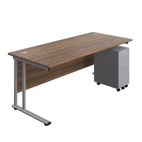 Twin Upright Rectangular Desk + Slimline Steel Pedestal 3 Drawers 1800X800 Dark Walnut/Silver