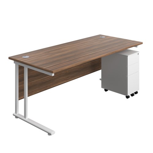 Twin Upright Rectangular Desk + Slimline Steel Pedestal 3 Drawers 1800X800 Dark Walnut/White