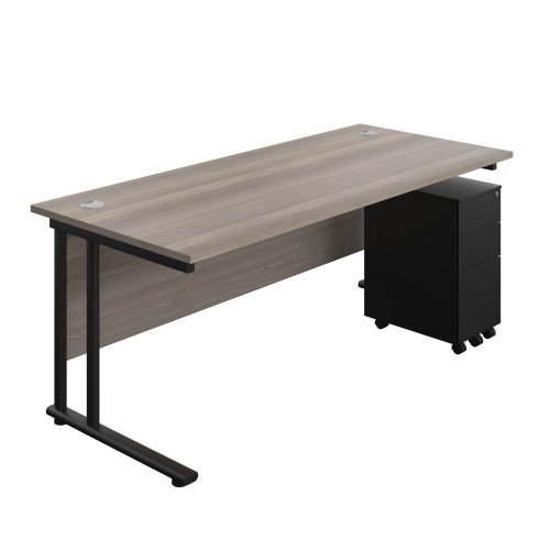 Twin Upright Rectangular Desk + Slimline Steel Pedestal 3 Drawers 1800X800 Grey Oak/Black