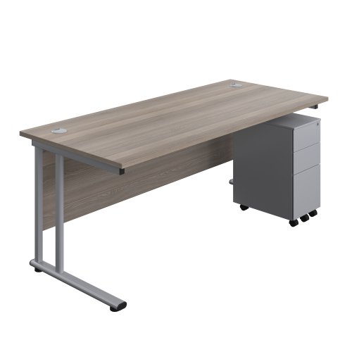 Twin Upright Rectangular Desk + Slimline Steel Pedestal 3 Drawers 1800X800 Grey Oak/Silver