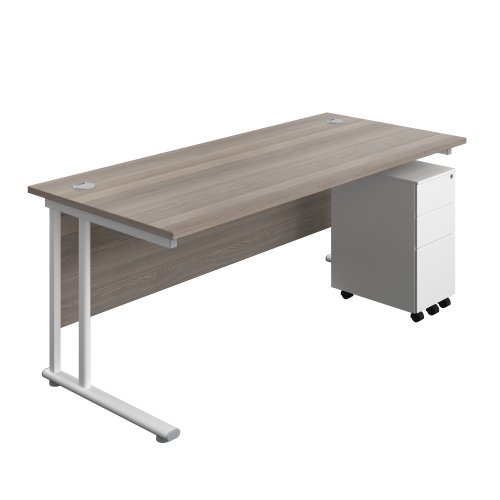 Twin Upright Rectangular Desk + Slimline Steel Pedestal 3 Drawers 1800X800 Grey Oak/White