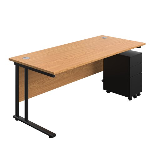 Twin Upright Rectangular Desk + Slimline Steel Pedestal 3 Drawers 1800X800 Nova Oak/Black