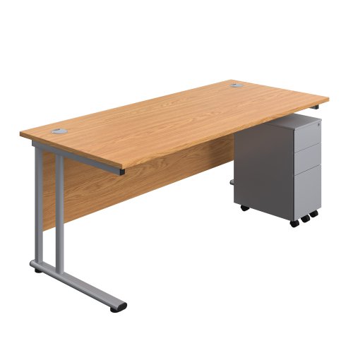 Twin Upright Rectangular Desk + Slimline Steel Pedestal 3 Drawers 1800X800 Nova Oak/Silver