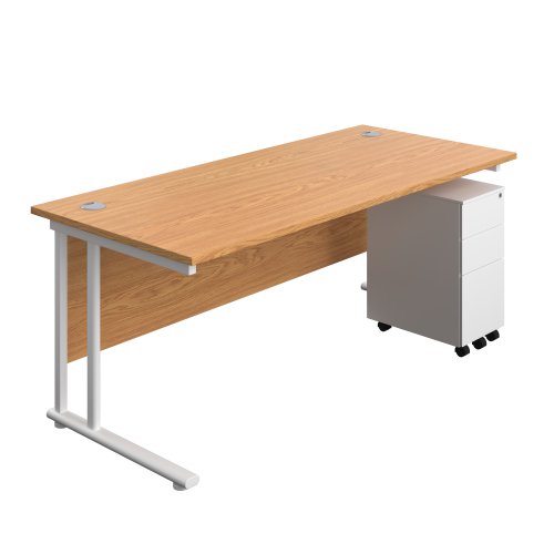 Twin Upright Rectangular Desk + Slimline Steel Pedestal 3 Drawers 1800X800 Nova Oak/White