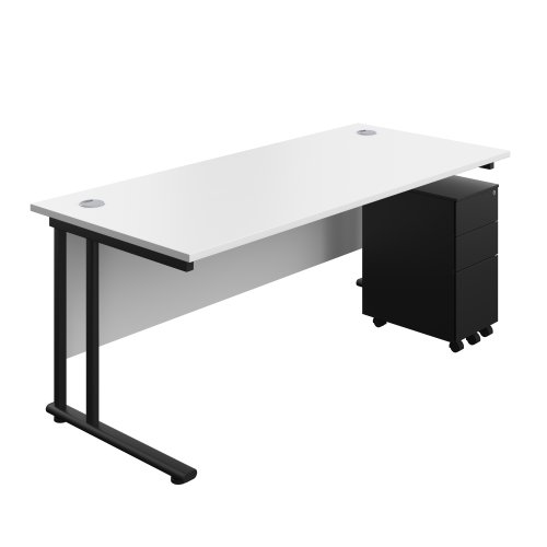 Twin Upright Rectangular Desk + Slimline Steel Pedestal 3 Drawers 1800X800 White/Black