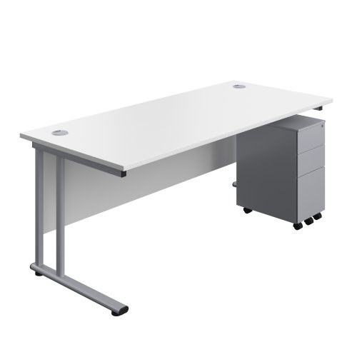 Twin Upright Rectangular Desk + Slimline Steel Pedestal 3 Drawers (FSC) 1800X800 White/Silver