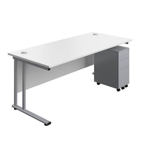 Twin Upright Rectangular Desk + Slimline Steel Pedestal 3 Drawers 1800X800 White/Silver