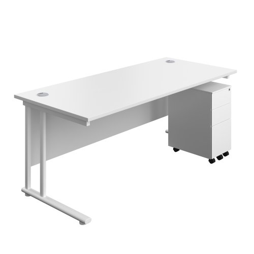 Twin Upright Rectangular Desk + Slimline Steel Pedestal 3 Drawers 1800X800 White/White