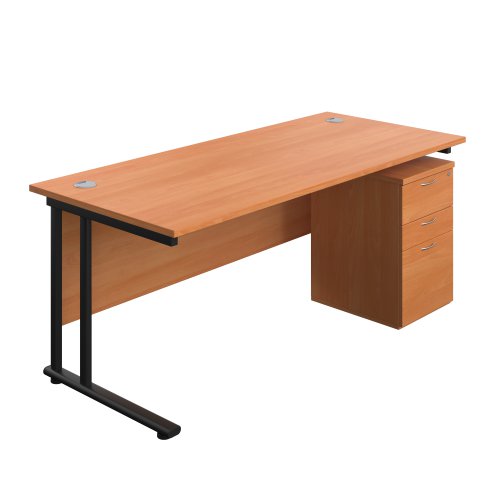 Twin Upright Rectangular Desk + High Mobile Pedestal 3 Drawer 1800X800 Beech/Black