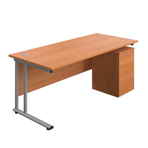 Twin Upright Rectangular Desk + High Mobile Pedestal 3 Drawer 1800X800 Beech/Silver