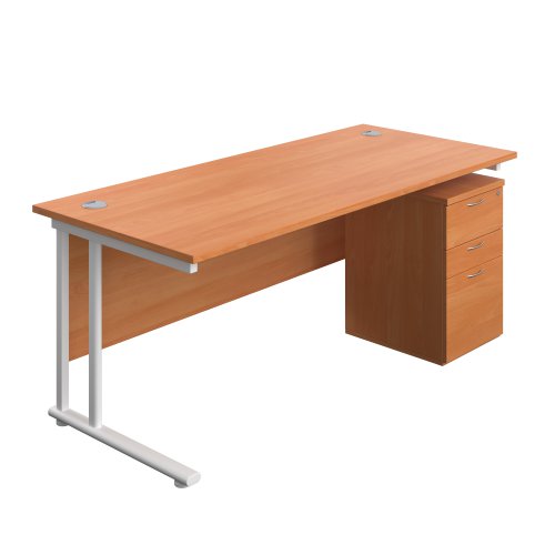 Twin Upright Rectangular Desk + High Mobile Pedestal 3 Drawer 1800X800 Beech/White