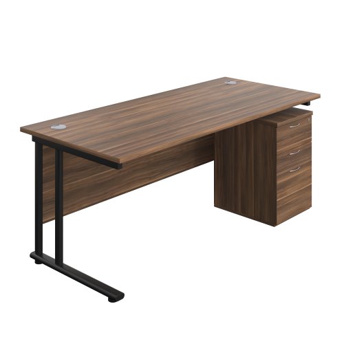 Twin Upright Rectangular Desk + High Mobile Pedestal 3 Drawer 1800X800 Dark Walnut/Black
