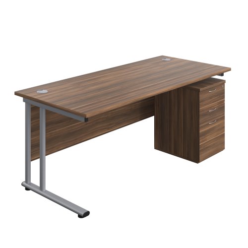 Twin Upright Rectangular Desk + High Mobile Pedestal 3 Drawer 1800X800 Dark Walnut/Silver