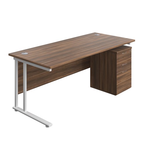 Twin Upright Rectangular Desk + High Mobile Pedestal 3 Drawer 1800X800 Dark Walnut/White