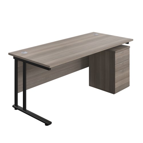 Twin Upright Rectangular Desk + High Mobile Pedestal 3 Drawer (FSC) 1800X800 Grey Oak/Black