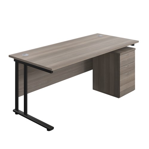 Twin Upright Rectangular Desk + High Mobile Pedestal 3 Drawer 1800X800 Grey Oak/Black