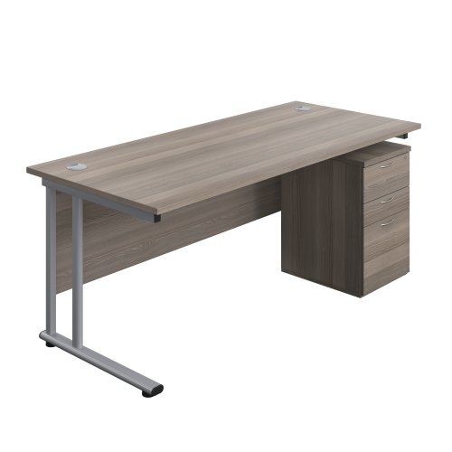 Twin Upright Rectangular Desk + High Mobile Pedestal 3 Drawer 1800X800 Grey Oak/Silver