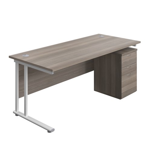 Twin Upright Rectangular Desk + High Mobile Pedestal 3 Drawer (FSC) 1800X800 Grey Oak/White