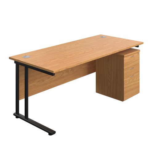 Twin Upright Rectangular Desk + High Mobile Pedestal 3 Drawer (FSC) 1800X800 Nova Oak/Black