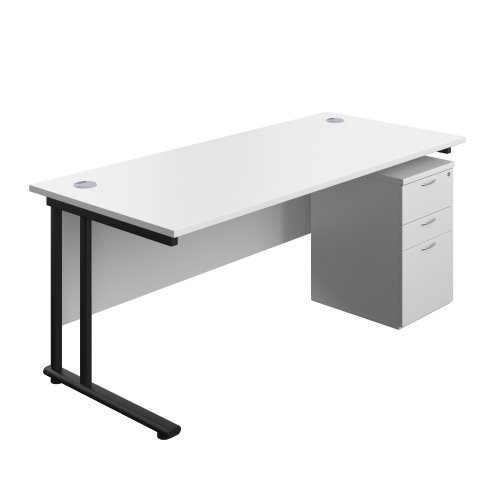 Twin Upright Rectangular Desk + High Mobile Pedestal 3 Drawer (FSC) 1800X800 White/Black