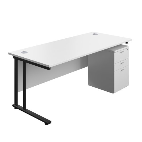 Twin Upright Rectangular Desk + High Mobile Pedestal 3 Drawer 1800X800 White/Black