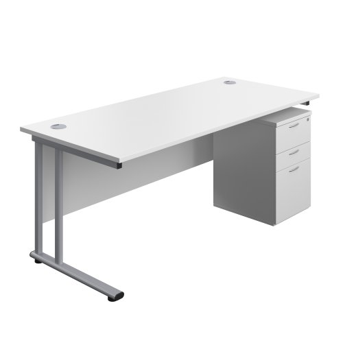 Twin Upright Rectangular Desk + High Mobile Pedestal 3 Drawer (FSC) 1800X800 White/Silver