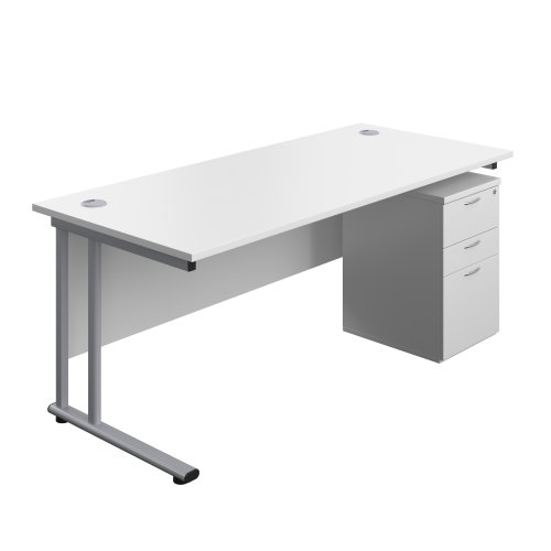 Twin Upright Rectangular Desk + High Mobile Pedestal 3 Drawer 1800X800 White/Silver