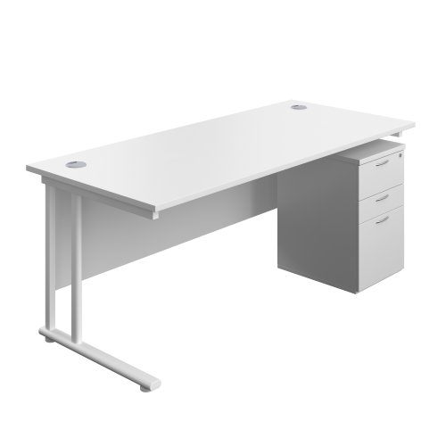 Twin Upright Rectangular Desk + High Mobile Pedestal 3 Drawer 1800X800 White/White