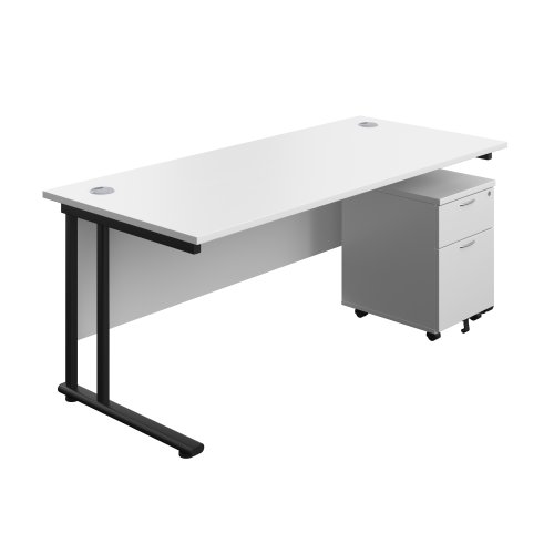 Twin Upright Rectangular Desk + Mobile 2 Drawer Pedestal 1800X800 White/Black