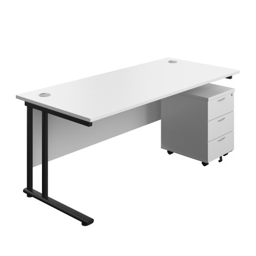Twin Upright Rectangular Desk + Mobile 3 Drawer Pedestal (FSC) 1800X800 White/Black