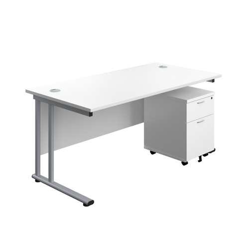 Twin Upright Rectangular Desk + Mobile 2 Drawer Pedestal (FSC) 1800X800 White/Silver