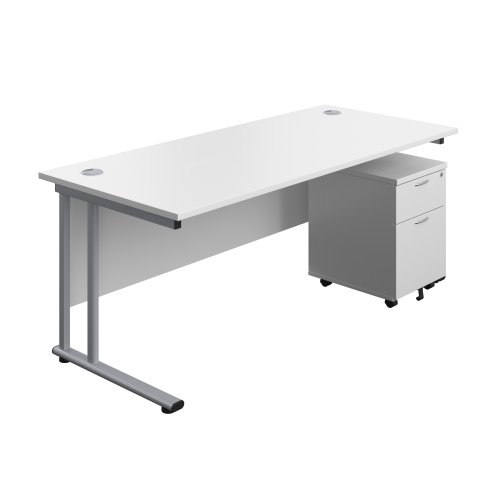 Twin Upright Rectangular Desk + Mobile 2 Drawer Pedestal 1800X800 White/Silver