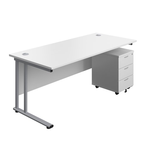 Twin Upright Rectangular Desk + Mobile 3 Drawer Pedestal 1800X800 White/Silver