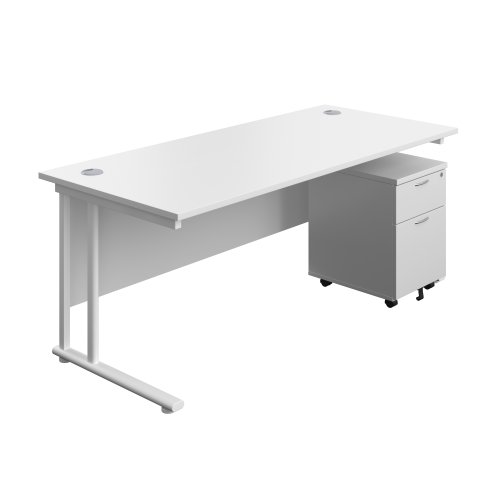 Twin Upright Rectangular Desk + Mobile 2 Drawer Pedestal 1800X800 White/White