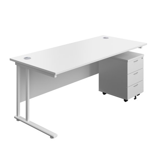 Twin Upright Rectangular Desk + Mobile 3 Drawer Pedestal 1800X800 White/White