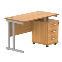 Double Upright Rectangular Desk + 3 Drawer Mobile Under Desk Pedestal  1200X600 Norwegian Beech/Silver