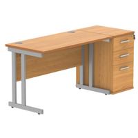 Double Upright Rectangular Desk + Desk High Pedestal  1200X600 Norwegian Beech/Silver