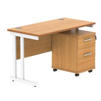 Double Upright Rectangular Desk + 2 Drawer Mobile Under Desk Pedestal  1200X600 Norwegian Beech/White