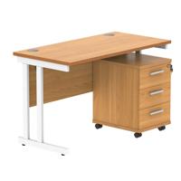 Double Upright Rectangular Desk + 3 Drawer Mobile Under Desk Pedestal  1200X600 Norwegian Beech/White