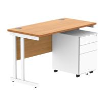 Double Upright Rectangular Desk + Under Desk Steel Pedestal 3 Drawers  1200X600 Norwegian Beech/White