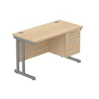 Office Rectangular Desk with Steel Double Upright Cantilever Legs + 2 Drawer Fixed Pedestal  1200X600 Canadian Oak/Graphite