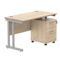 Double Upright Rectangular Desk + 2 Drawer Mobile Under Desk Pedestal 1200X600 Canadian Oak/Silver
