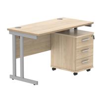 Double Upright Rectangular Desk + 3 Drawer Mobile Under Desk Pedestal  1200X600 Canadian Oak/Silver