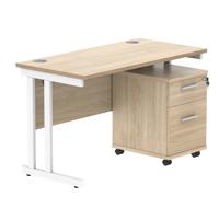 Double Upright Rectangular Desk + 2 Drawer Mobile Under Desk Pedestal  1200X600 Canadian Oak/White