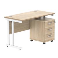 Double Upright Rectangular Desk + 3 Drawer Mobile Under Desk Pedestal 1200X600 Canadian Oak/White