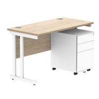 Double Upright Rectangular Desk + Under Desk Steel Pedestal 3 Drawers  1200X600 Canadian Oak/White
