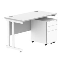 Double Upright Rectangular Desk + Under Desk Steel Pedestal 3 Drawers 1200X600 Arctic White/White