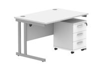 Double Upright Rectangular Desk + 2 Drawer Mobile Under Desk Pedestal 1200X800 Arctic White/Silver